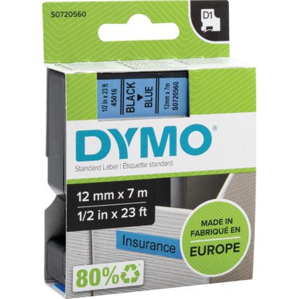 DYMO D1 TAPE 12mm BLACK ON BLUE 45016