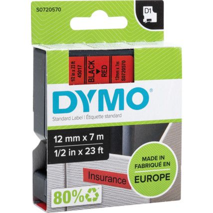 DYMO D1 TAPE 12mm BLACK ON RED 45017