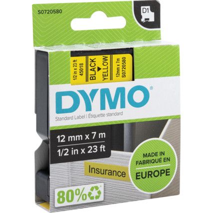 DYMO D1 TAPE 12mm BLACK ON YELLOW 45018