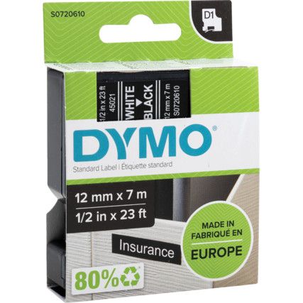 DYMO D1 TAPE 12mm WHITE ON BLACK 45021