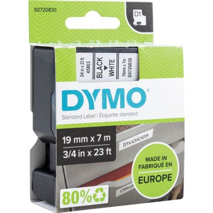 DYMO D1 TAPE 19mm BLACK ON WHITE 45803