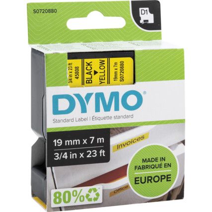 DYMO D1 TAPE 19mm BLACK ON YELLOW 45808