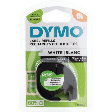 DYMO LETRATAG TAPE 12mm BLACK ON WHITE PAPER 91200