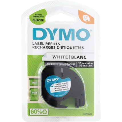 DYMO LETRATAG TAPE 12mm B LCK ON WHTE PLASTIC 91201 