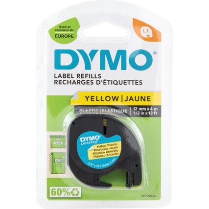 DYMO LETRATAG TAPE 12mm B LCK ON YELL PLASTIC 91202 