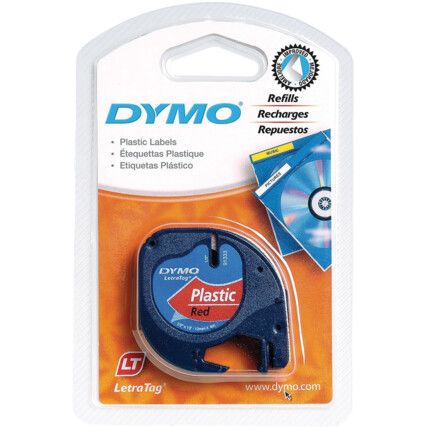 DYMO LETRATAG TAPE 12mm BLACK ON RED PLASTIC 91203