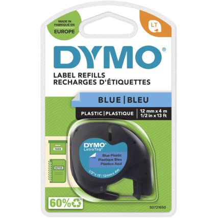 DYMO LETRATAG TAPE 12mm B LCK ON BLUE PLASTIC 91205 