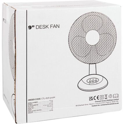 9" Desk Fan with Quiet Motor, 2 Speed Control, 230V