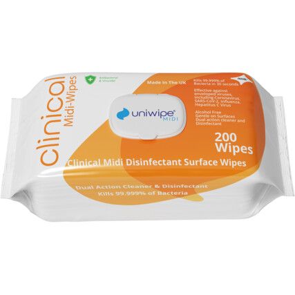 1020 UNIWIPE MIDI CLINICAL DISINFECTANT WIPES (PACK 200)
