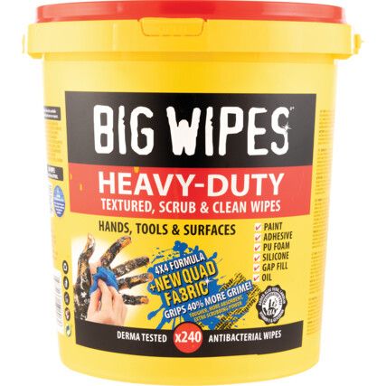 Heavy Duty Wipes, Antibacterial - Large Bucket of 240 Wipes