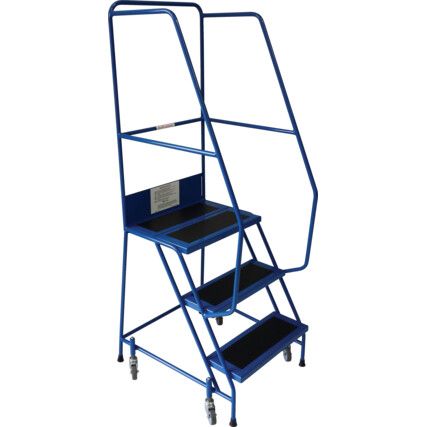 3- Wide Tread,  Step Ladder, 0.75m, Steel, Non-Slip, Side Handrails, Spring-Loaded Castor Wheels, Blue