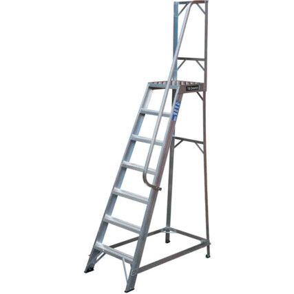 7-Tread,  Step Ladder, 1.7m, Aluminium, Large platform, Side Handrail, Silver