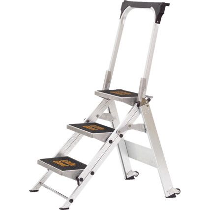 3-Wide Tread, Folding Step Ladder, 0.7m, Aluminium, Large treads, Wheels, Silver