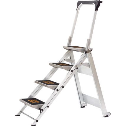 4-Wide Tread, Folding Step Ladder, 0.9m, Aluminium, Large treads, Wheels, Silver