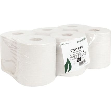 Centrefeed Wiper Roll, White, 2 Ply, 375 Sheets, 150m Roll, Pack of 6 Rolls