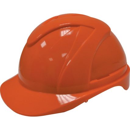 Safety Helmet, Orange, ABS, Vented, Standard Peak, Includes Side Slots