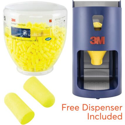 Disposable Ear Plugs/Refill Pack for Dispenser, Bullet, 36dB, Yellow, PVC, Pk-500 Pairs with FREE Dispenser