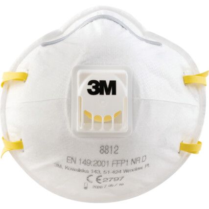 8812 Disposable Mask, Valved, White/Yellow, FFP1, Filters Dust/Mist/Particulates, Pack of 10