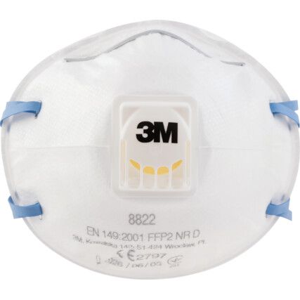 8822 Disposable Mask, Valved, White/Blue, FFP2, Filters Dust/Mist/Particulates, Pack of 10