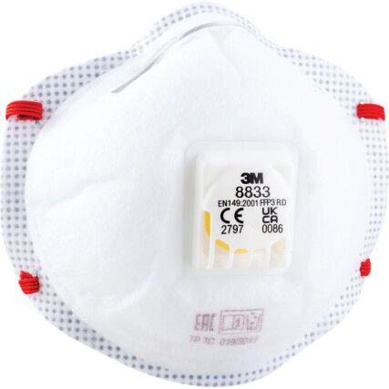 8833 Disposable Mask, Valved, White/Red, FFP3, Filters Dust/Mist/Fumes, Pack of 10