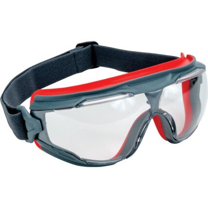 Safety Goggles, Polycarbonate, Clear Lens, Plastic, Grey/Red Frame, Direct Ventilation, Anti-Fog/Scratch-resistant