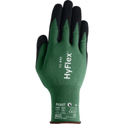 11-842 HyFlex® Mechanical Hazard Gloves, Green/Black, Nylon Liner, Nitrile Coating, EN388: 2016, 4, 1, 3, 1, A, Size 7