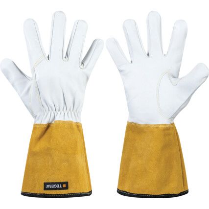 General Handling Gloves, White/Yellow, Leather Coating, Unlined, Size 7
