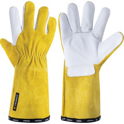 8 Tegera, Heat Resistant Gloves, White/Yellow, Cowhide, Size 8
