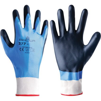 377 Mechanical Hazard Gloves, Black/Blue/White, Nylon/Polyester Liner, Nitrile Coating, EN388: 2003, 4, 1, 2, 1, Size 8