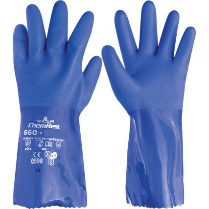 660, Chemical Resistant Gauntlet, Blue, PVC, Cotton Liner, Size 10, 300mm Length