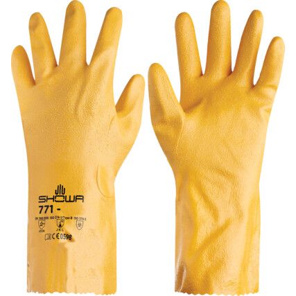771, Chemical Resistant Gloves, Yellow, Nitrile, Cotton/Polyester Liner, Size 9