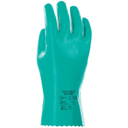 Fleximax, Chemical Resistant Gloves, Green, Nitrile, Interlock Cotton Liner, Size 10