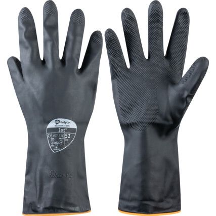 527 Jet, Chemical Resistant Gloves, Black, Rubber, Cotton Flocked Liner, Size 9-9.5
