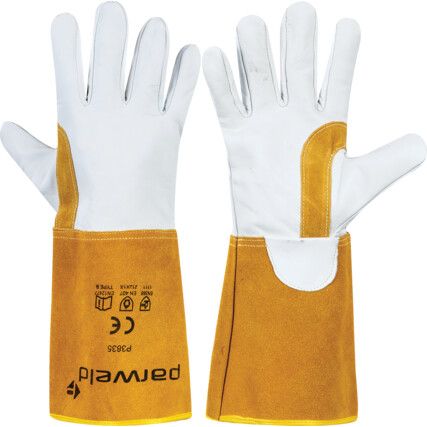 P3835, Welding Gloves, White/Yellow, Goatskin, Size 10