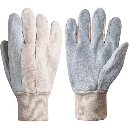General Handling Gloves, Grey/White, Leather Coating, Cotton Liner, Size 10