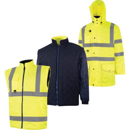 Hi-Vis Reversible Coat, 5-in-1, Waterproof, Large, Yellow, Polyester, EN20471