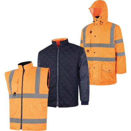 Hi-Vis Reversible Coat, 5-in-1, Waterproof, Large, Orange, Polyester, EN20471