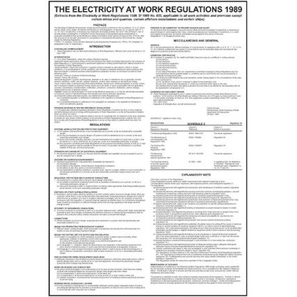 ELECTRICITY AT WORK REGULATIONS SAFETY POSTER RPVC (400 X 600)MM)