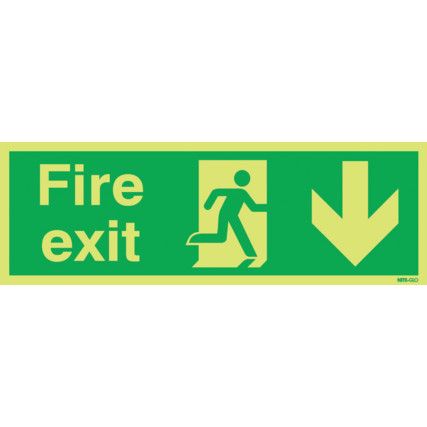 Fire Exit Arrow Down Photoluminescent Vinyl Sign 450mm x 150mm