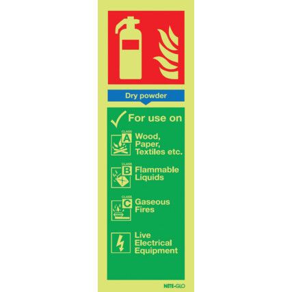 Dry Powder Fire Extinguisher Photoluminescent Rigid PVC Sign 90mm x 280mm