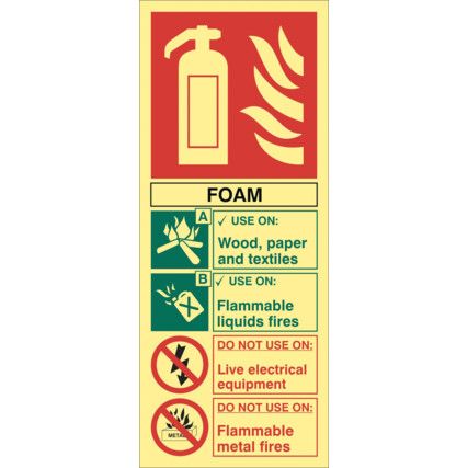 Foam Fire Extinguisher Photoluminescent Rigid PVC Sign 82 x 202mm