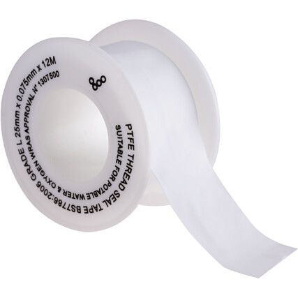 PTFE Tape, Thread Sealing Tape, White, 25mm x 12m