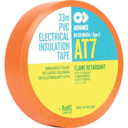 AT7 Electrical Tape, PVC, Orange, 25mm x 33m, Pack of 1