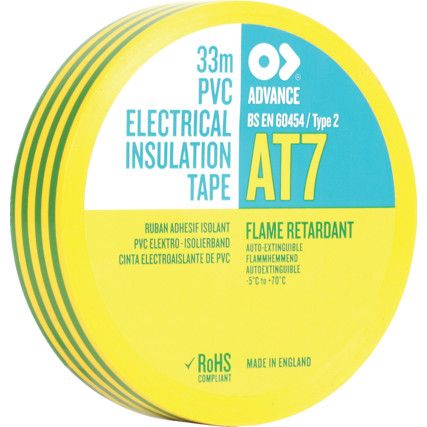 AT7 Electrical Tape, PVC, Green/Yellow, 25mm x 33m, Pack of 1