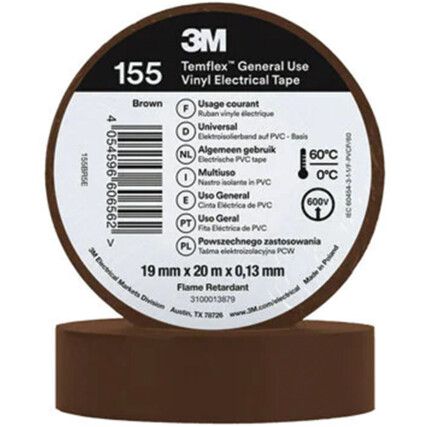 Temflex 155 Electrical Tape, Vinyl, Brown, 19mm x 20m, Pack of 1
