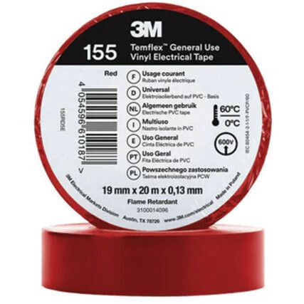 Temflex 155 Electrical Tape, Vinyl, Red, 19mm x 20m, Pack of 1