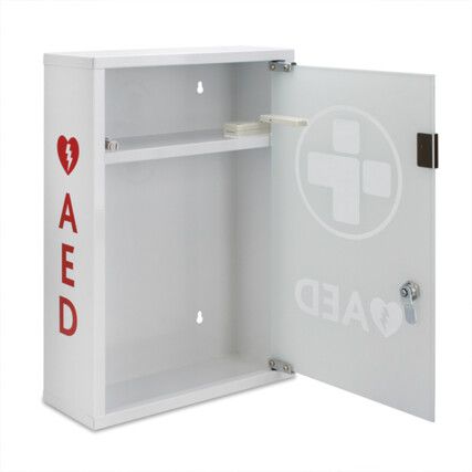 RELIANCE AED WALL CABINET, METAL WITH GLASS DOOR, ALARMED